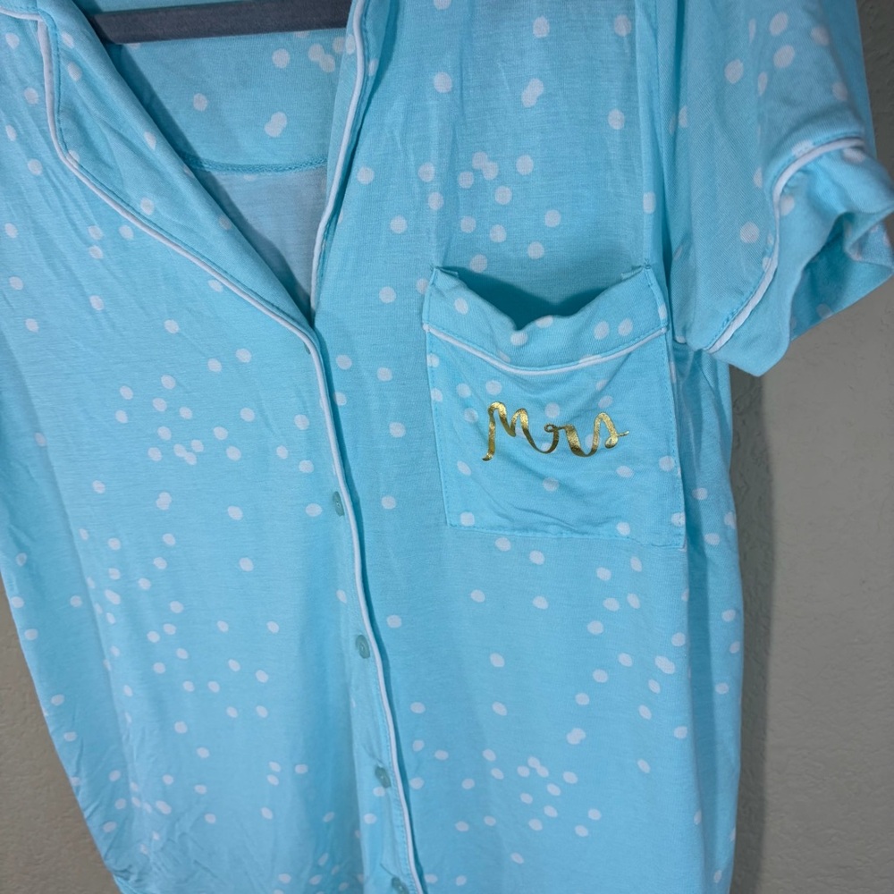 Kate Spade Womens MRS Bride Blue Polka Dot Pajamas Set Sz S Shirt &Short Comfy - Picture 3 of 7